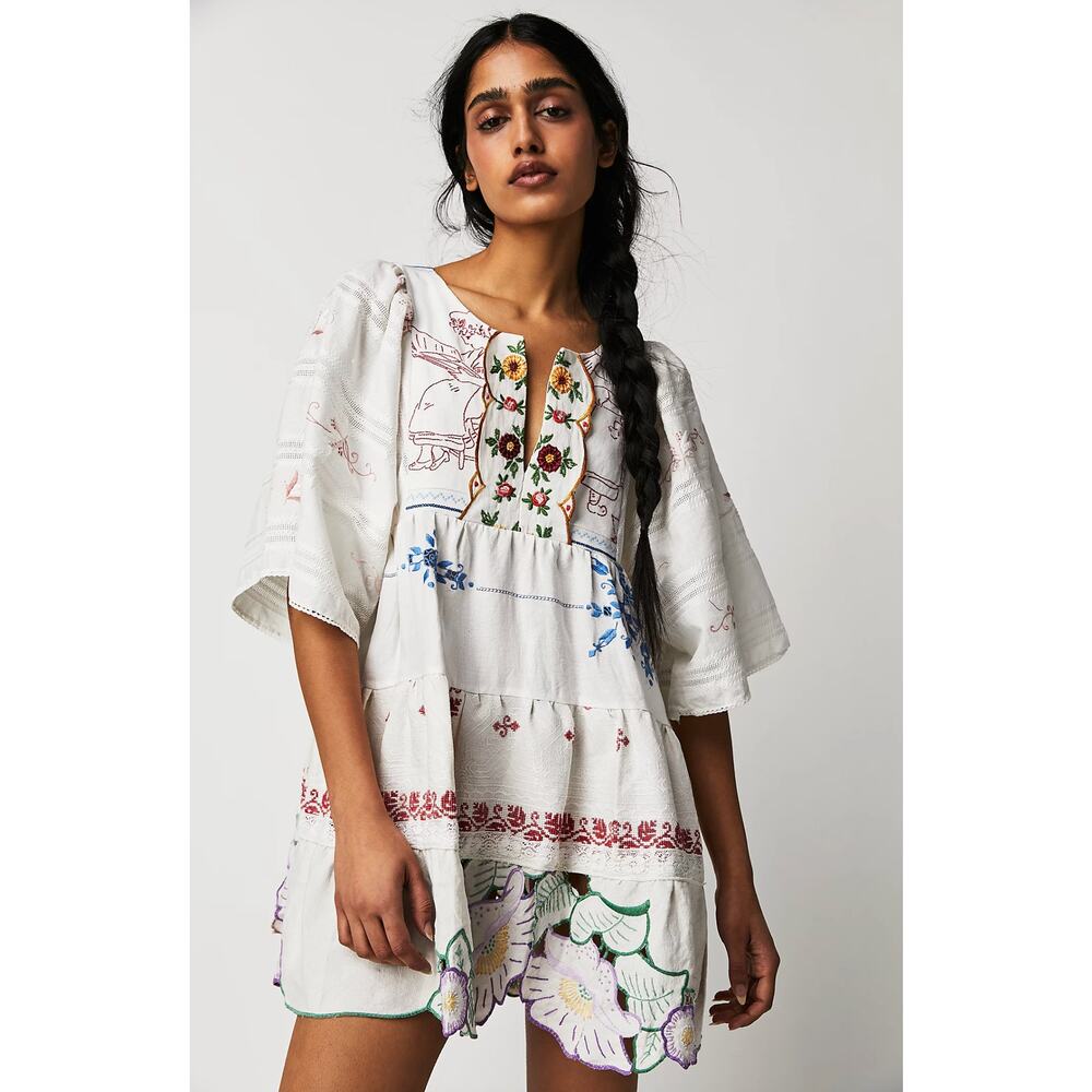 NWT Free People x Place Nationale Fawley Mini Dress Floral Embroidery US 8-10
